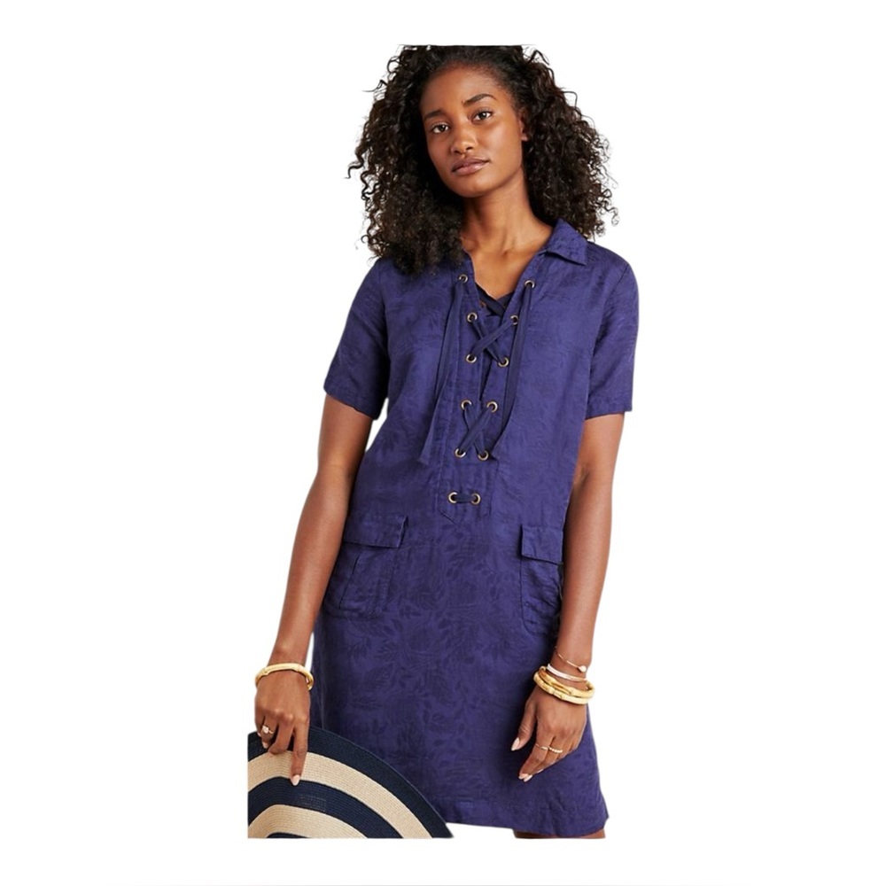 Anthropologie Finley Lace-Up Linen‎ Blend Shirtdress Blue, Size 00